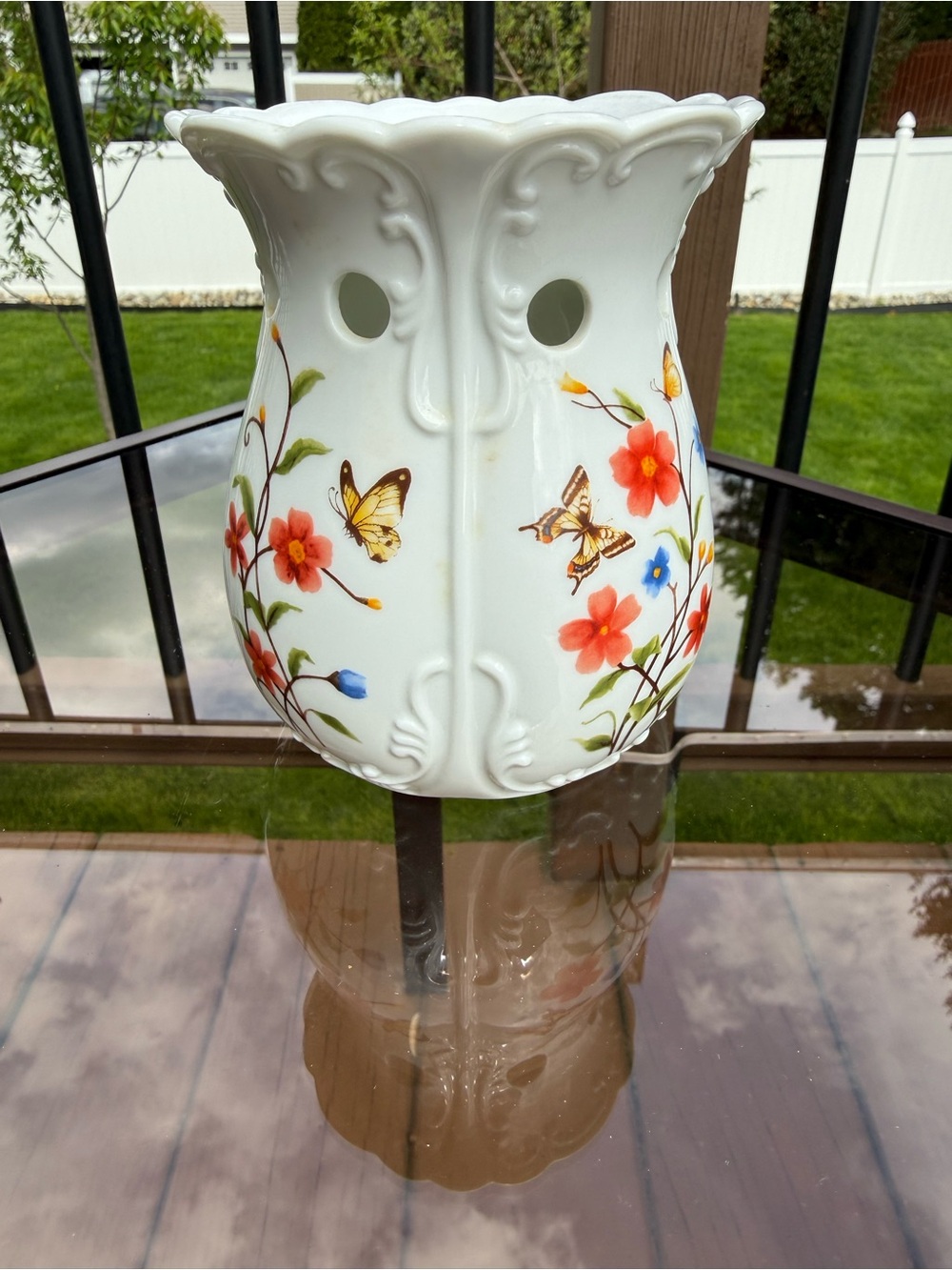 White Floral Ceramic Votive Holder with Butterfly Motif